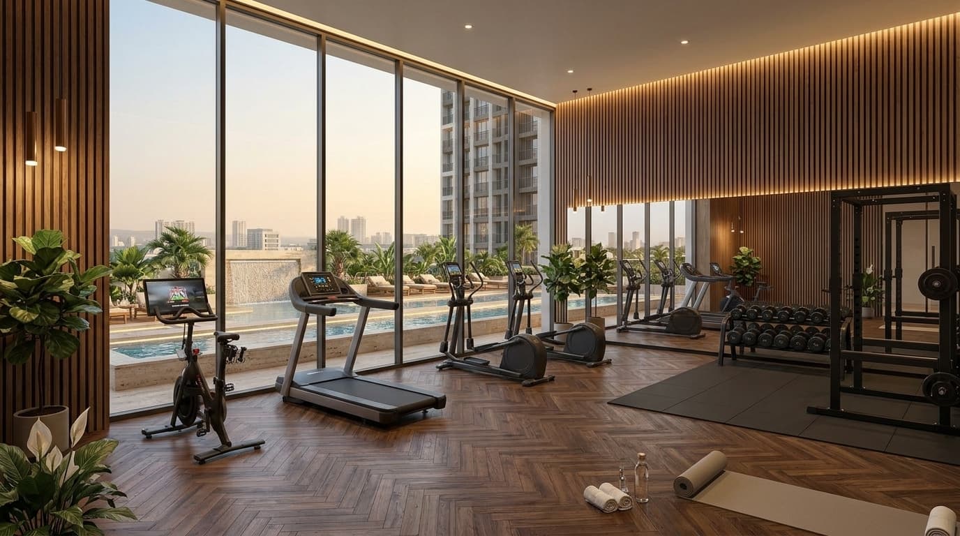 State-of-the-art gymnasium with cardio and strength training equipment at Sai Garden