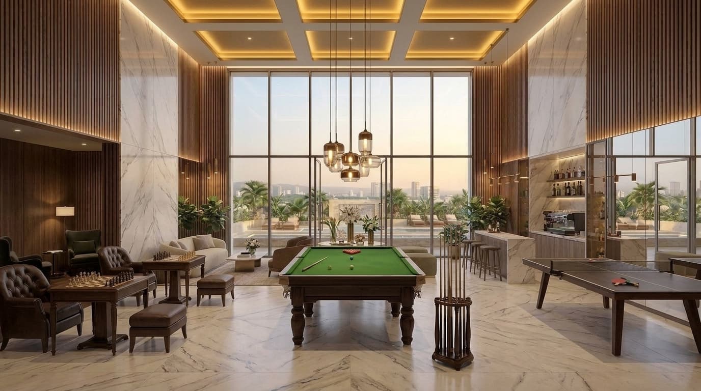 Indoor gaming zone with snooker, table tennis, carrom and chess at Sai Garden