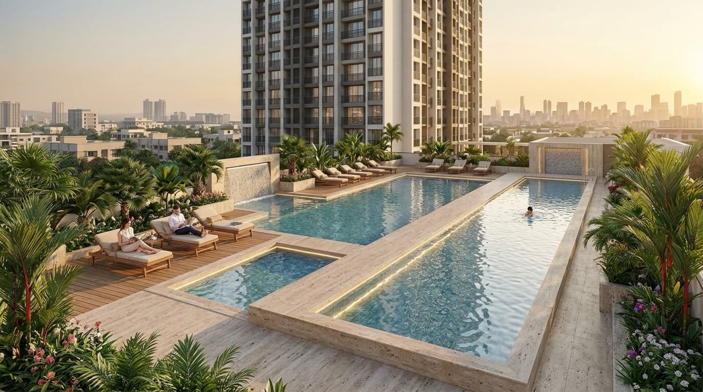 Podium swimming pool and sun loungers at Sai Garden