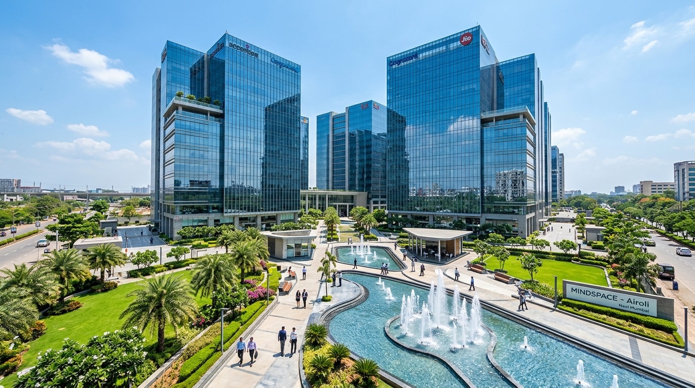 Gleaming modern glass towers of Mindspace IT Park Airoli with water fountains and lush grounds