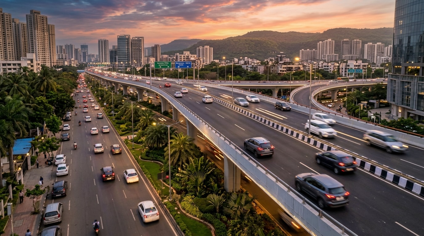 Wide modern 6-lane elevated expressway and flyover with smooth traffic at sunset