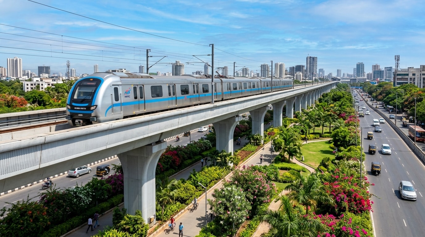 Sleek aerodynamic elevated metro train cruising on modern viaduct with landscaped green median