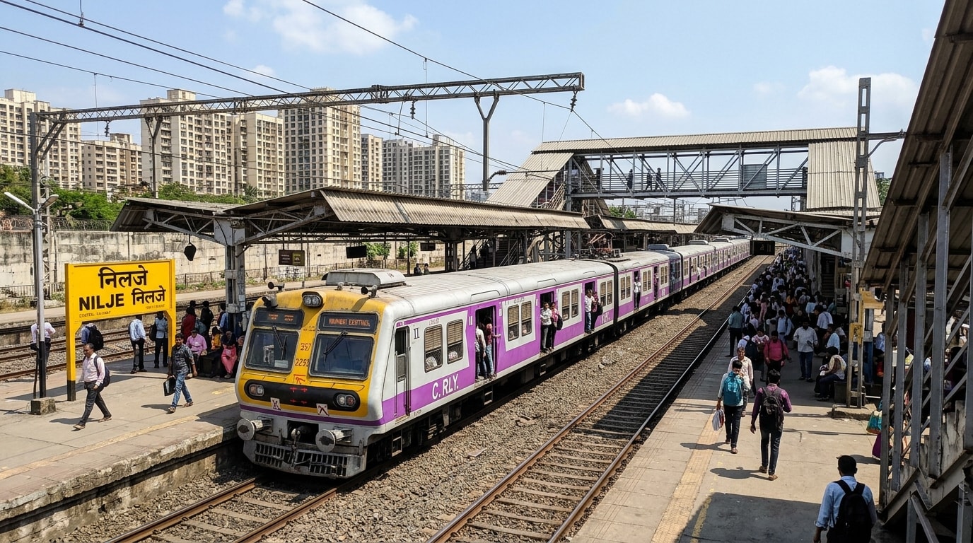 Central Railway Mumbai suburban local EMU train at Nilje railway station platform with foot overbridge