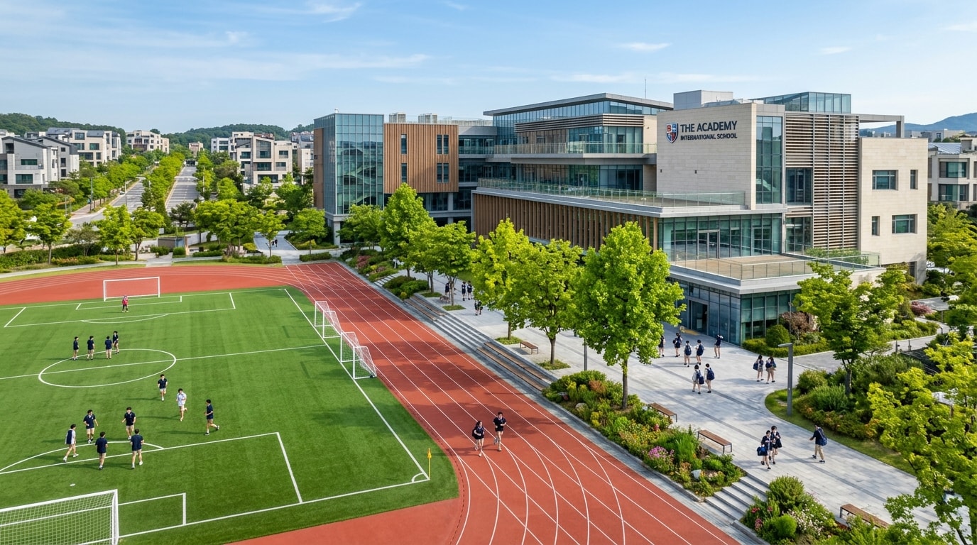 Modern international school campus with green athletic tracks and contemporary architecture